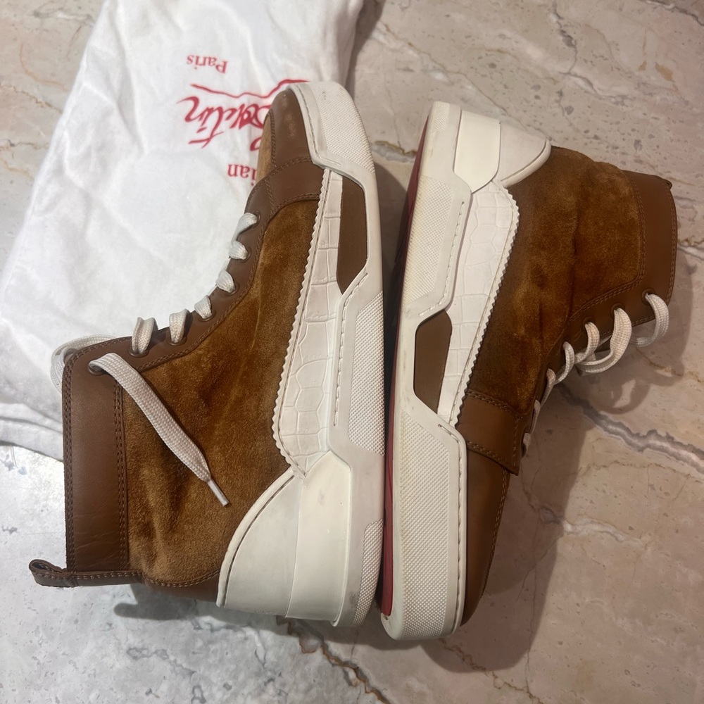CHRISTIAN LOUBOUTIN Sz 43 Tan Suede White Rubber Sole RANKICK High Top Sneakers - Picture 6 of 8